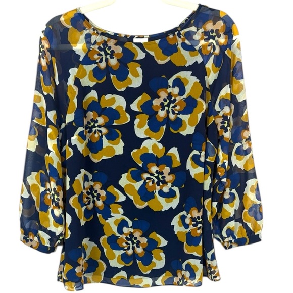 CAbi Floral Blue Yellow and White 3/4 Sleeve Blouse Size Medium - Picture 1 of 7